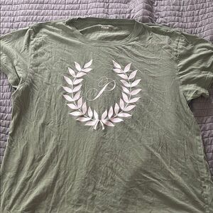 PINK sage green t-shirt with Pink emblem XL
